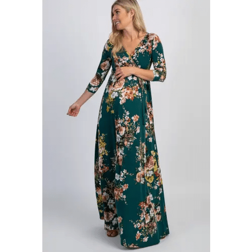 PinkBlush Green Rose Print Sash Tie Maternity Maxi Dress