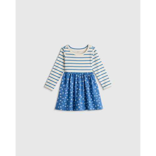 Organic Cotton Long Sleeve Fit and Flare Pocket Dress - Baby Girl in Blue Mini Floral Stripe
