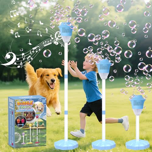 Infowush Bubble Machine for Kids, Automatic Standing Bubble Maker Machine Height Adjustable Up to 47 Inches Outdoor Battery Bubble Machine with Light/Music for Toddlers Birthday Party GiftsBlue