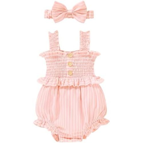 Tiny Cutey Baby Girl Romper Denim/Plaid/Stripe Newborn Infant Sleeveless Jumpsuit 0-3M/3-6M/6-12M/12-18M With Headband