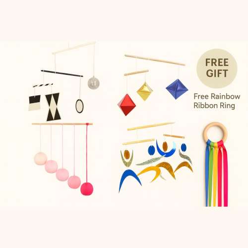Montessori Baby Mobile Set – Munari, Gobbi, Dancer, Octahedron – Pastel Visual Stimulation for Newborn Girls