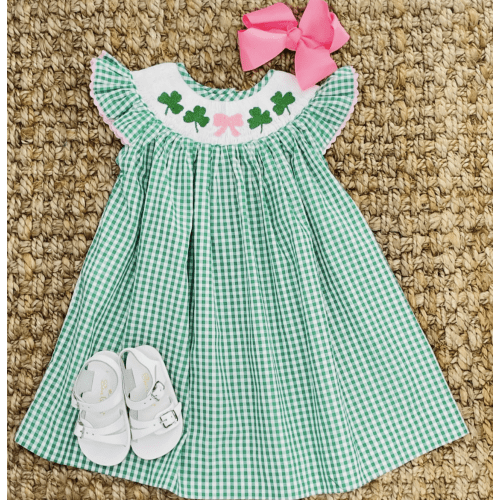 Shamrock & Bow Smocked Bishop Dress in Gingham - St. Patrick's Day – Pleats and Stitches