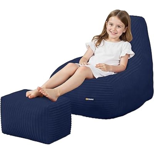 COMAX Kids Bean Bag Chair, Toddler Beanbag Chairs for Kids with Ottoman for Boys and Girls, Corduroy Couch Lounge with Filler Included, Floor Children Sofa Comfy for Reading and Classroom, Navy