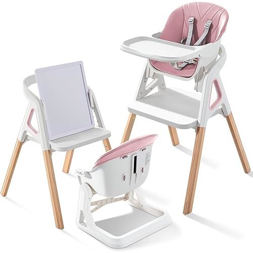 Baby High Chair, Babies and Toddlers Convertible Slim High Chair with 6 Growing Stages from Infant to Toddler Seating with Removable Tray, Easy to Clean,Pink Cushion