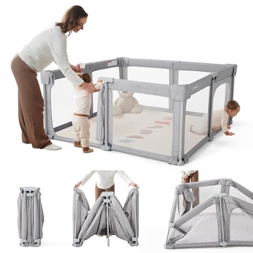 Foldable Baby Playpen,Portable Indoor & Outdoor Playpen for Babies and Toddlers,59”x79”Extra Large Play Pen with Gate,Collapsible Baby Fence with Travel Bag(Cationic Light Grey)