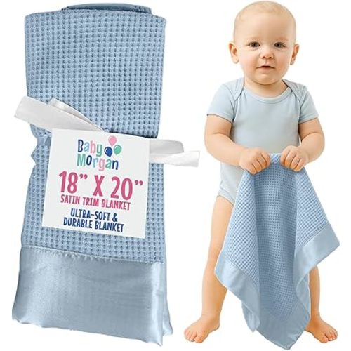 Premium Thermal Waffle Baby Blanket - Small Blanket for Newborns & Infants - Soft Mini Comfort Blankie - Ideal for Strollers, Travel and Cuddling - Blue, Satin Trim (18" x 20")
