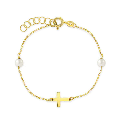 14k Gold 5-6" Polished Cross Baby / Toddler / Kids Bracelet Simulated