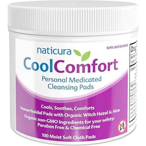 CoolComfort Personal Cleansing Pads with Organic Witch Hazel and Aloe Vera - All-Natural and Fast Acting Wipes for Hemorrhoid Burning, Itching, Pain and Swelling - 100 Pads - No Parabens