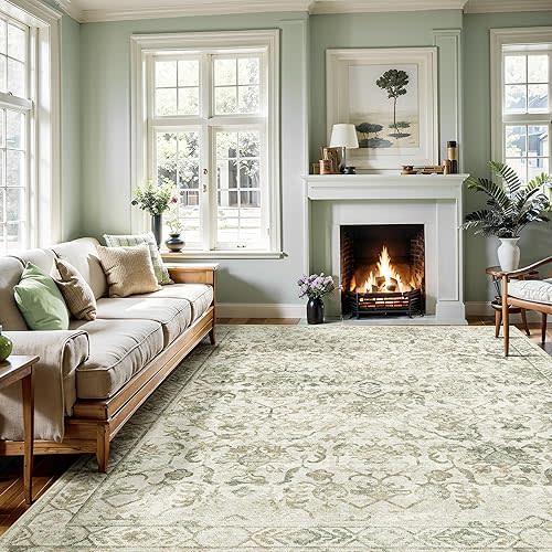 Vintage Living Room Area Rug 5x7 for Dining Room, Washable Distressed Farmhouse Soft Thin Non-Shedding Indoor Throw Rug, Traditional Accent Floral Print Beige Green Carpet for Bedroom Kitchen Office