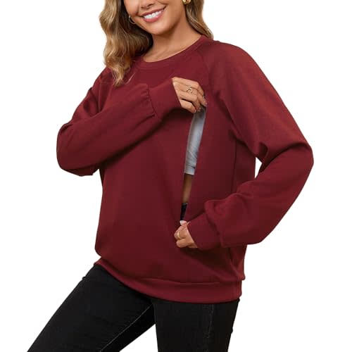 DEBELLY Nursing Friendly Sweatshirt for Breastfeeding Women Dual Zippers Nursing Top Long Sleeve Crew Neck Casual Wear