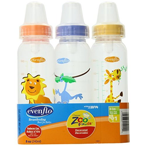 Evenflo Zoo Friends 3 Count Standard Nipple Bottle, 8 Ounce (Colors May Vary)