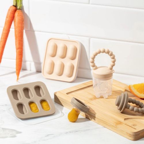 Silicone Baby Fruit Feeders with Freezer Tray for Batch Prep, Set of 2 – Safe & Convenient, Includes Extra Pouches & Travel Lids, Dishwasher Safe