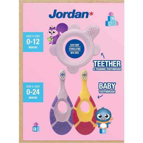 Jordan* | Step 1 Baby Toothbrush | 0-2 Years, Soft Bristles, BPA Free | Green & Blue | 4 Pack