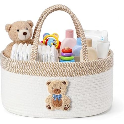 Diaper Caddy Organizer Cotton Rope Diaper Caddy Basket Teddy Bear Empty Gift Basket Nursery Storage Bin and Car Organizer with Removable Divider Baby Shower Gifts Newborn Essentials