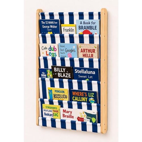 Montessori 5 Tier Canvas Pocket Wall Mounted Bookshelf, Re-Washable Soft Fabric Kids Book Rack with Deep Pockets, Wooden Nursery & Playroom Book Organizer, Space Saving Behind Door Shelf (Blue)
