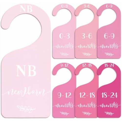 7Pcs Pink Wood Baby Closet Size Dividers with Velvet Bag Newborn to 24 Month Thicken Infant Wardrobe Hanger Organizers for Home Nursery Party Favors Supplies