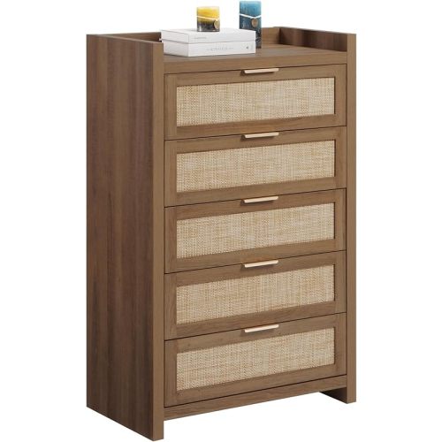 SICOTAS Dresser for Bedroom Chest of Drawers 46" Tall Dresser for Closet with 5 Rattan Drawers Boho Night Stand Large Clothes Storage Cabinet for Living Room Hallway Nursery Entryway