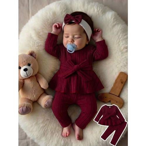 SHEIN Baby Girls Casual Everyday Elegant Minimalist Comfortable Long Sleeve Ruffle Top And Pants Set With Belt, Autumn/Winter | SHEIN USA