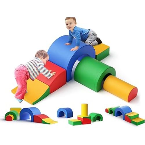 Lischwert Foam Climbing Blocks, Soft Climbing Toys for Toddlers, 5 Pieces Crawl and Climb Foam Playset with Foldable Block and Tunnel, Indoor Climber Activity Play Set for Kids Age 1+(Colorful)