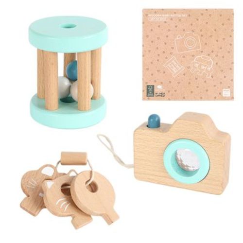 Freniland™ - 3 PCs Wooden Baby Rattle Toy Set for 10 Months+, Beech Wood Teether & Pretend Camera Toy, Safe & Educational Gift Set (Mint Green)