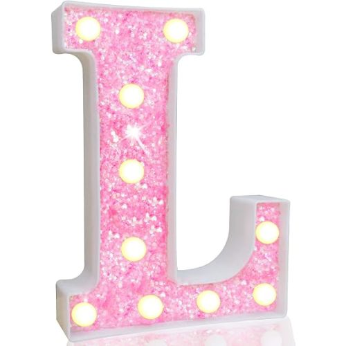 LED Marquee Letter Lights, Pink Glitter Alphabet Sign, Battery Powered Night Light, Wedding Party Decoration, 8.86" x 6.5" Plastic Letter L