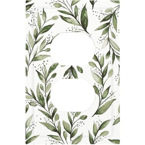 Green White Eucalyptus Olive Leaf 1 Gang Outlet Plate Covers Decorative Single Duplex Wall Plate Sage Floral Electrical Receptacle Light Switch Cover Art Faceplate Switchplate for Living Room Decor