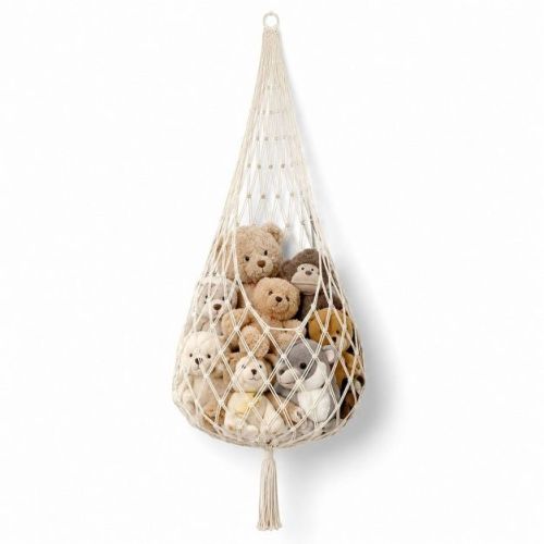 Alilang Macrame Hanging Stuffed Animal Storage Net Cotton Rope Corner Organizer - Light Beige