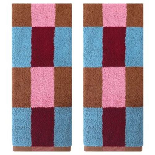 REGALWOVEN Plaid Pattern Cotton Soft Absorbent Bathroom Hand Towel 14" x 30" Blue Brown 2 Pcs