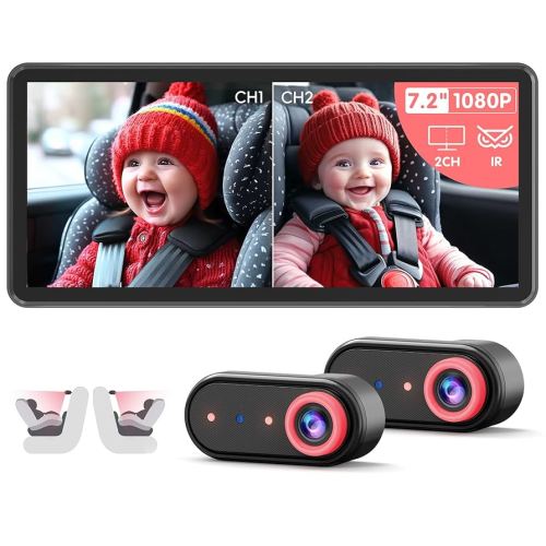 BM5PRO 7.2" Dual Camera Baby Monitor, 1080P HD Display for 2 Kids, Night Vision, Easy Install Car Baby Monitor, Ideal Gift, Rear Seat Safety for Babies & Pets