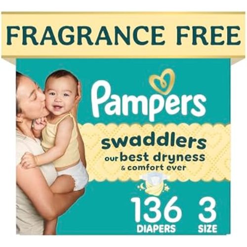 Pampers Swaddlers Diapers, Size 3 (13-26 lbs), 136 Count, Fragrance Free, Hypoallergenic, Absorbent, Pediatrician Recommended, Skin Safe
