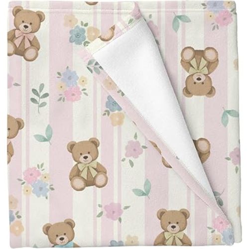 Cute Bear Boho Floral Baby Blankets for Boys Girls Pastel Bear Pink Blue Bows Striped Crib Blanket for Infant Toddler Newborn Retro Animals Soft Lightweight Nursery Swaddling Wrap 30x40in