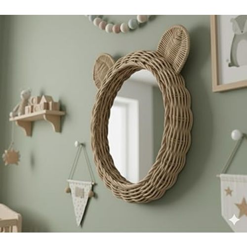 Montessori Rattan Bear Mirror – Handmade Natural Woven Nursery Wall Decor | Cute Baby Bear Shape Eco-Friendly Kids Room Mirror