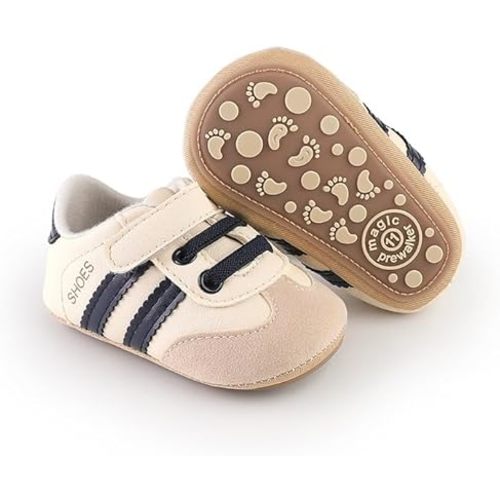 Newbron Baby Boys Girls Retro Sneakers Pu Leather Rubber Sole Walking Shoes Toddler Non-Slip First Walkers Infant Slippers Crib Shoes