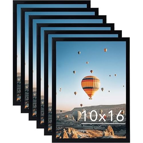 10x16 Black Picture Frame Set of 6, Horizontal and Vertical Formats for Wall Hanging, 10 x 16 Wall Gallery Poster Photo Frames with Shatter Resistant Plexiglass, 6 Pack, Black