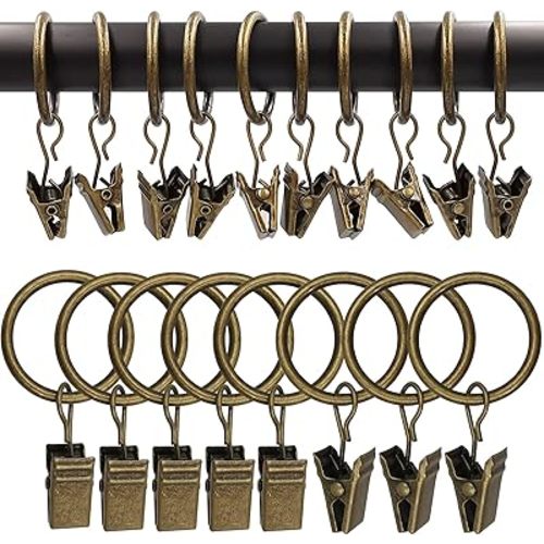 100 Pack Metal Curtain Rings with Clips, Drapery Clips with Rings, Drapes Rings 1 inch Inner Diameter, Fits Diameter 5/8 inch Curtain Rods, Vintage Bronze