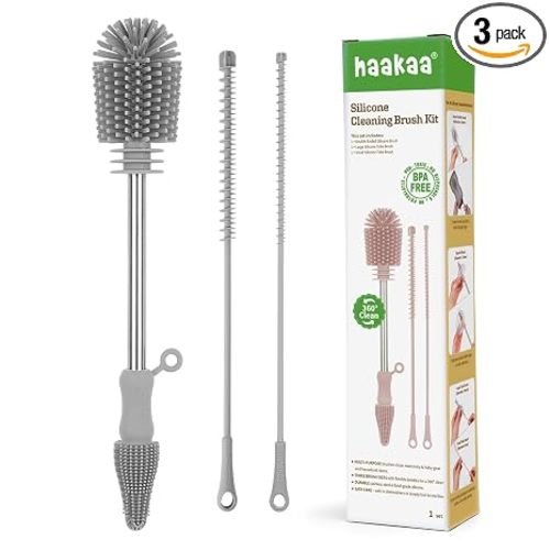 haakaa Silicone Cleaning Brush Kit - SUVA Grey - Bottle Brush for Breast Pumps, Breast Milk Collector, Baby Bottles, Nipples, Breastmilk Storage Bags