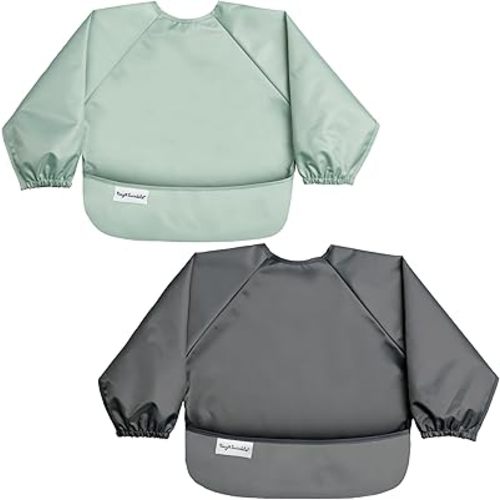 Tiny Twinkle Long Sleeve Bib for Babies & Toddlers | 2-Pack Waterproof Smock Bib for Eating | Machine Washable & Mess-Proof Feeding Essentials | Newborn Shower Gift (Sage Charcoal,6–24M)