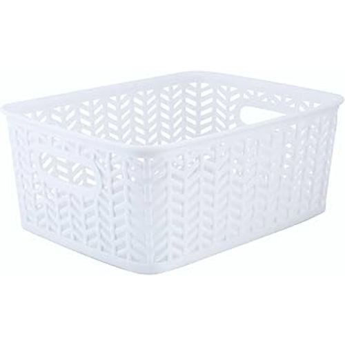 Simplify Small Herringbone Bin Storage Tote Basket Organizer Decorative, Good for Closets, Countertops, Desks, Dressers, Accessories, Cleaning Products, Sports Equipment, Toys, White