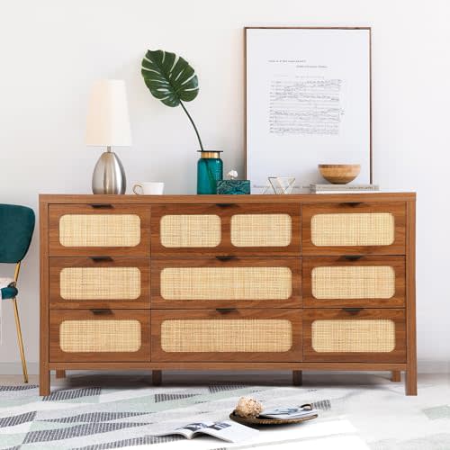 YUCHIATH 9 Drawer Dresser with Rattan Finish, Modern Farmhouse Chest of Drawers with Metal Handles, Accent Wood Dresser for Bedroom, Living Room (Walnut)