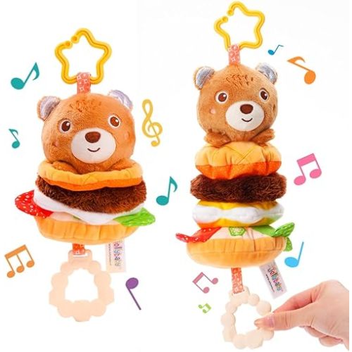 Jollybaby Baby Musical Pull String Hanging Toys for Stroller Car Seat Crib Play Gym, Plush Stuffed Hamburg Bear Toy for Carseat with Music Teether Crinkle, Sensory Toy for 0-6-12-18 Months Baby Gifts
