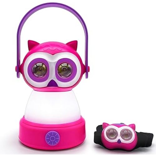 Kids Owl Lantern & Headlamp Set, 2-in-1 360° LED Camping Night Light, Battery Powered 3×AA, Child-Safe ABS, Portable Adventure Toy & Bedroom Night-Light (Pink Owl Lantern-Headlmp)