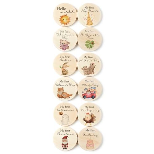 Wooden Baby Holiday Milestone Set – 6 Double-Sided Discs with 12 ‘My First’ Holiday Designs – Keepsake Photo Prop Gift for Newborns