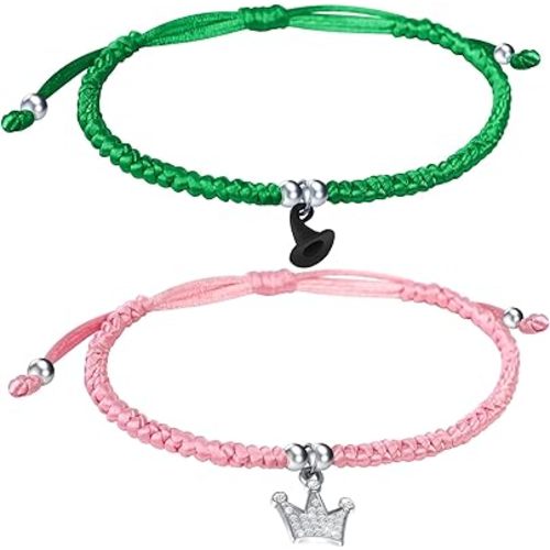 2pcs Pink and Green Friendship Bracelets with Witch Hat and Rhinestone Pendant Adjustable Matching Braided Bracelet for Girls Women Couple for Party Dress Accessories Gift