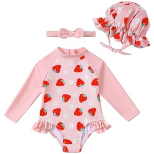 Renotemy Baby Girls Swimsuit Summer Infant Girl Bathing Suit Zipper Long Sleeve One-Piece Rash Guard Swimwear with Hat 3M-3Y