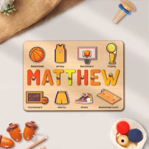 Custom Name Puzzle with Basketball Elements, Toy Gift for Boy, Birthday Christmas Gift for Baby Boy Kids, Toddler Busy Board, Wooden Puzzle