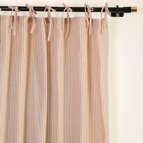 THE ART BOX Natural Linen Gauze Tie Top Sheer Semi Blackout Striped Curtains for Bedroom Filtering Hanging Substitute Windows Home Décor Curtain, Maroon on Beige, 2 Panel Sets, (84"x42" inch Each)