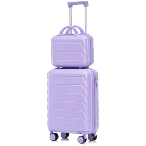 2 Piece Luggage Sets, Hardside Carry On Luggage with Spinner Wheels, 20 Inch Suitcase & 14 Inch Cosmetic Case, Lightweight Hardshell Travel Bag with Lock for Women Girls, Purple