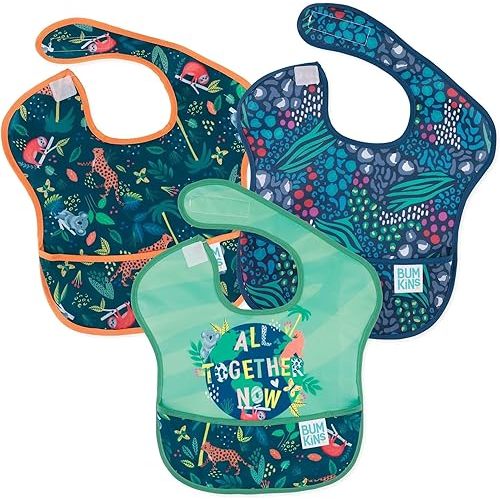 Bumkins Bibs for Girl or Boy, SuperBib Baby and Toddler for 6-24 Months, Essential Must Have for Eating, Feeding, Baby Led Weaning Supplies, Mess Saving Catch Food, Waterproof Fabric 3-pk Jungle