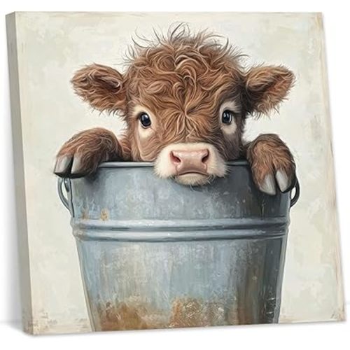 YMXZHUANSH Baby Highland Cow Wall Art Cute Cow in Bucket Canvas Print Farmhouse Animal Pictures Rustic Brown Cattle Painting for Nursery Decor Frame(Brown 16L x 16W)