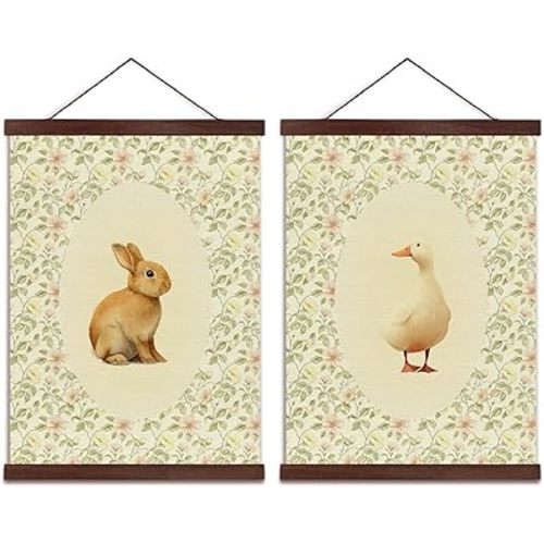 Wheatwin Nursery Decor, Vintage Baby Girl Nursery Wall Decor for Playroom Girls Boys Kids Room Bedroom, Animal Rabbit Goose Wildflower Floral Canvas Pictures Framed Art Decorations 12x16